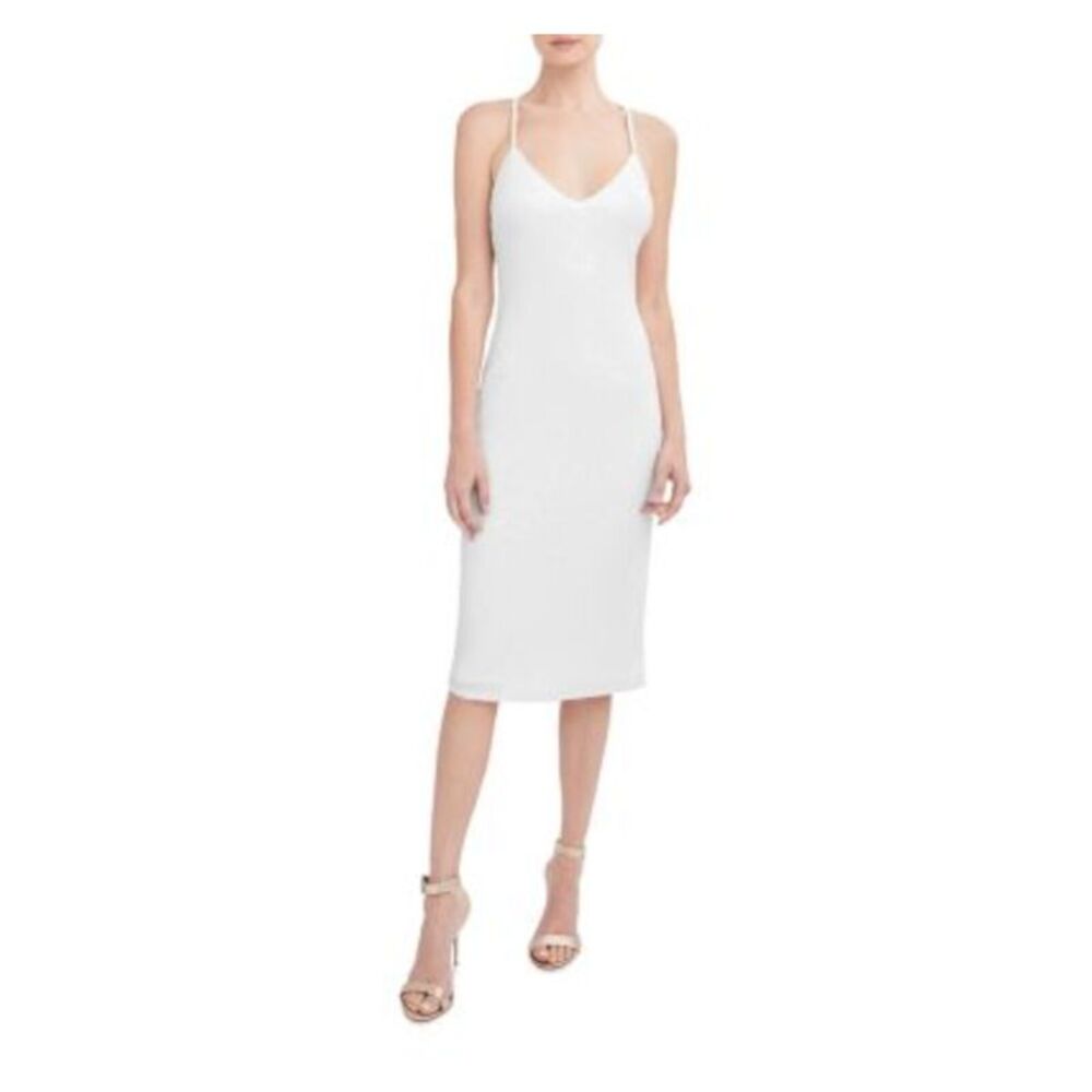 AQUA FORMAL Womens White Adjustable Crisscross Back Lined Midi Dress S